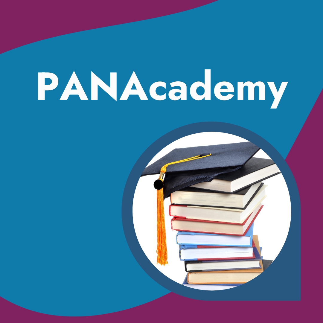 The words PANAcademy on an organic blue and purple background, along with a stack of books that have a black graduation cap on top.
