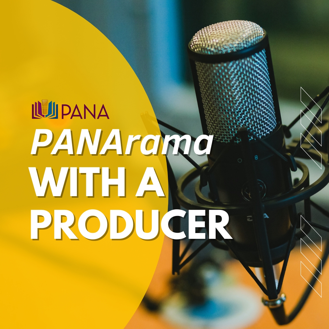 The words PANArama With a Producer on a yellow half circle and a condenser microphone.