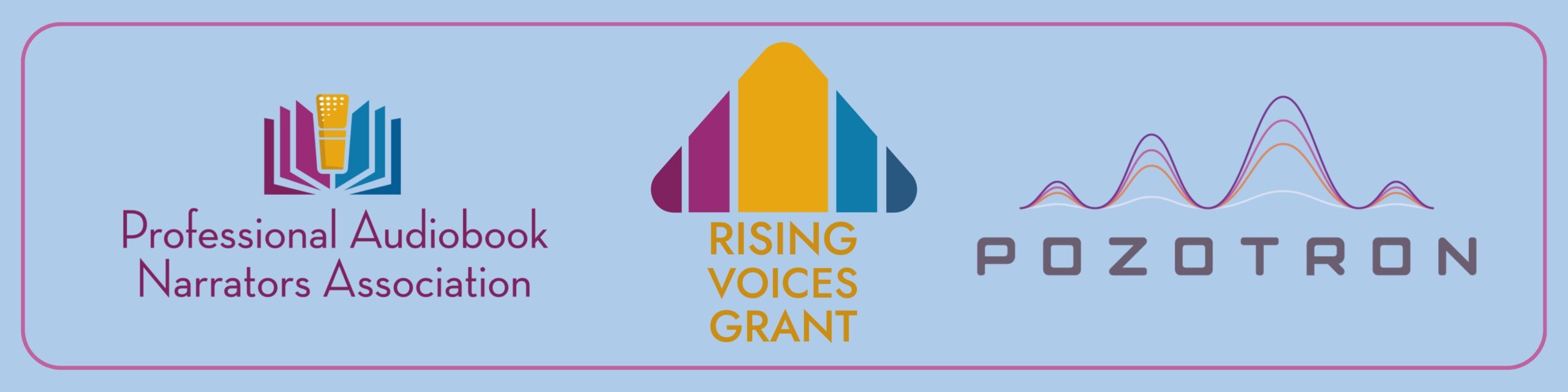On a light blue background, a logo of an arrow - the point in PANA colors with the words “Rising Voices Grant” as the stem. On the left is the PANA logo and on the right is the logo for Pozotron.